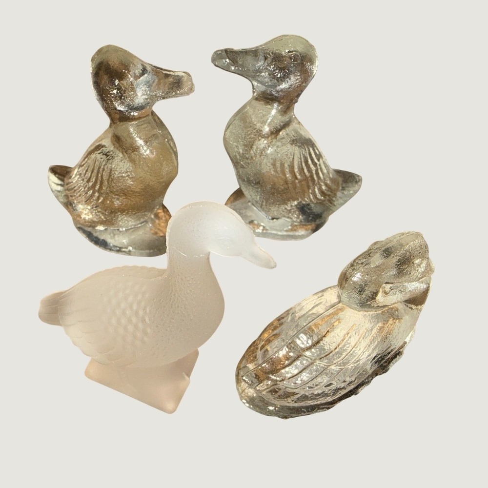 Vintage Glass Duck Figurines Set of 4 Frosted and Clear Textured Bird Decor